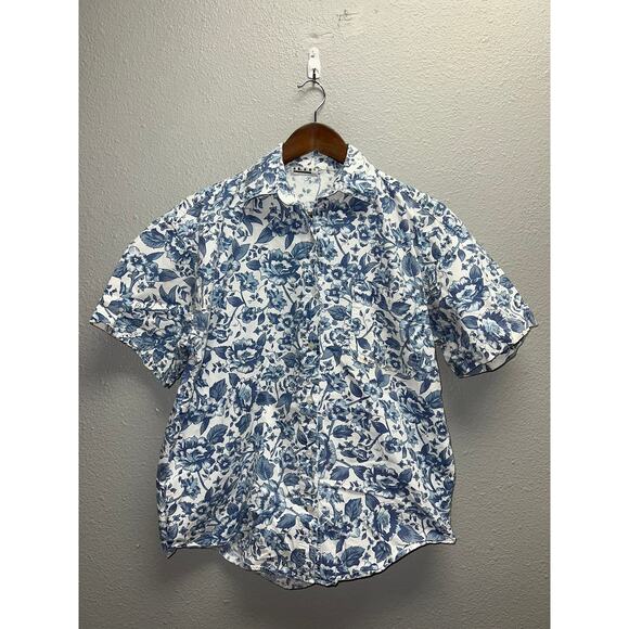 Vintage Ilio Floral Button Up Shirt ilio Short Sleeve White Blue 90s 1990s Small - Picture 1 of 10